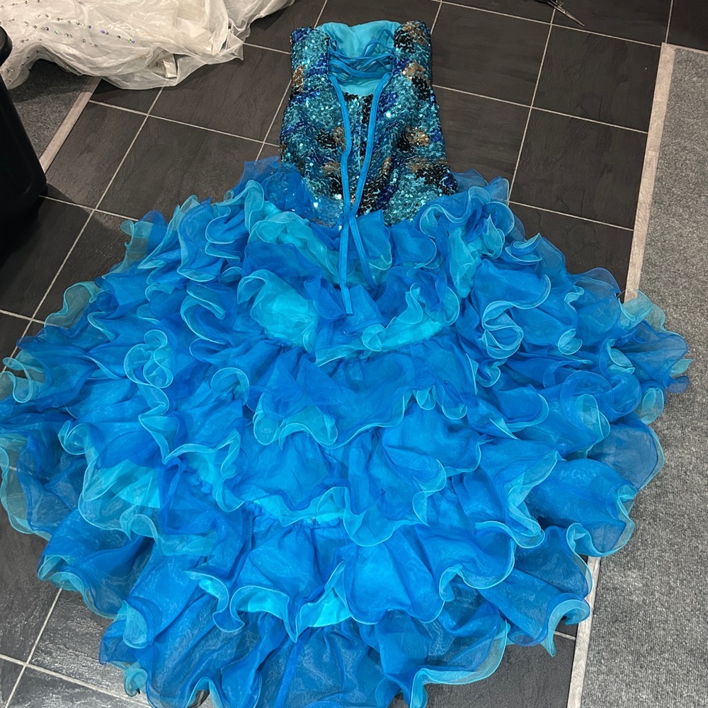 Blue Sequin Strapless Gown - Picture 7 of 8
